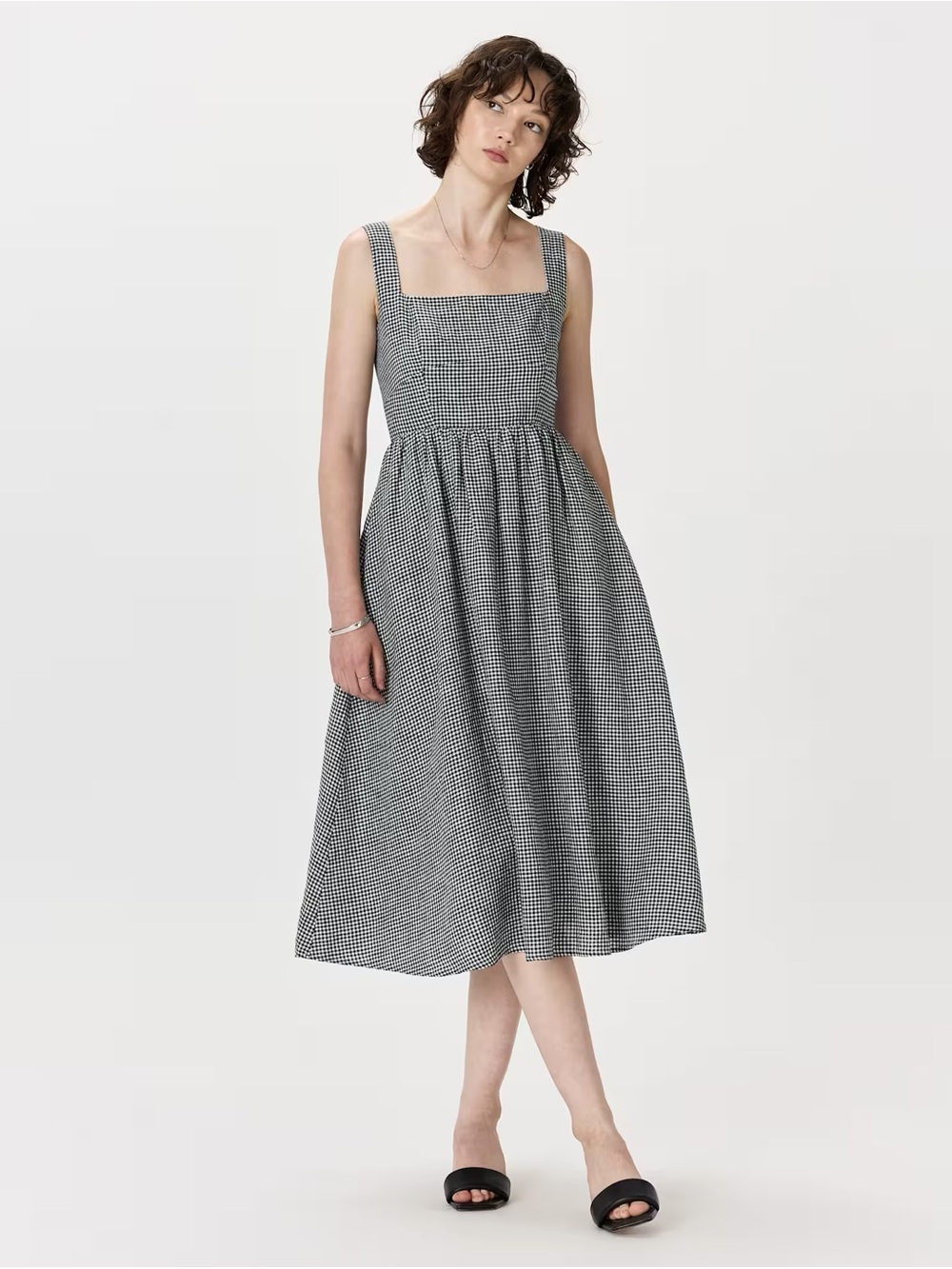 Quince 100% European Linen Fit & Flare Midi Dress in Classic Mini Gingham size M